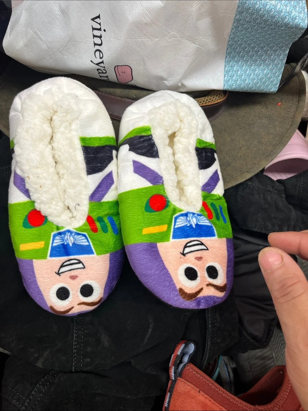Disney Kids Buzz Lightyear Plush Footie Slippers in Green, Purple & White